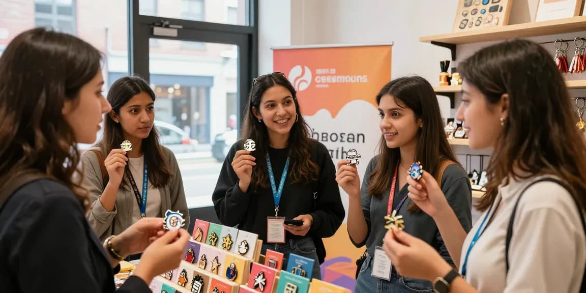 Creative young adults engaging with custom enamel pins in a vibrant boutique setting.