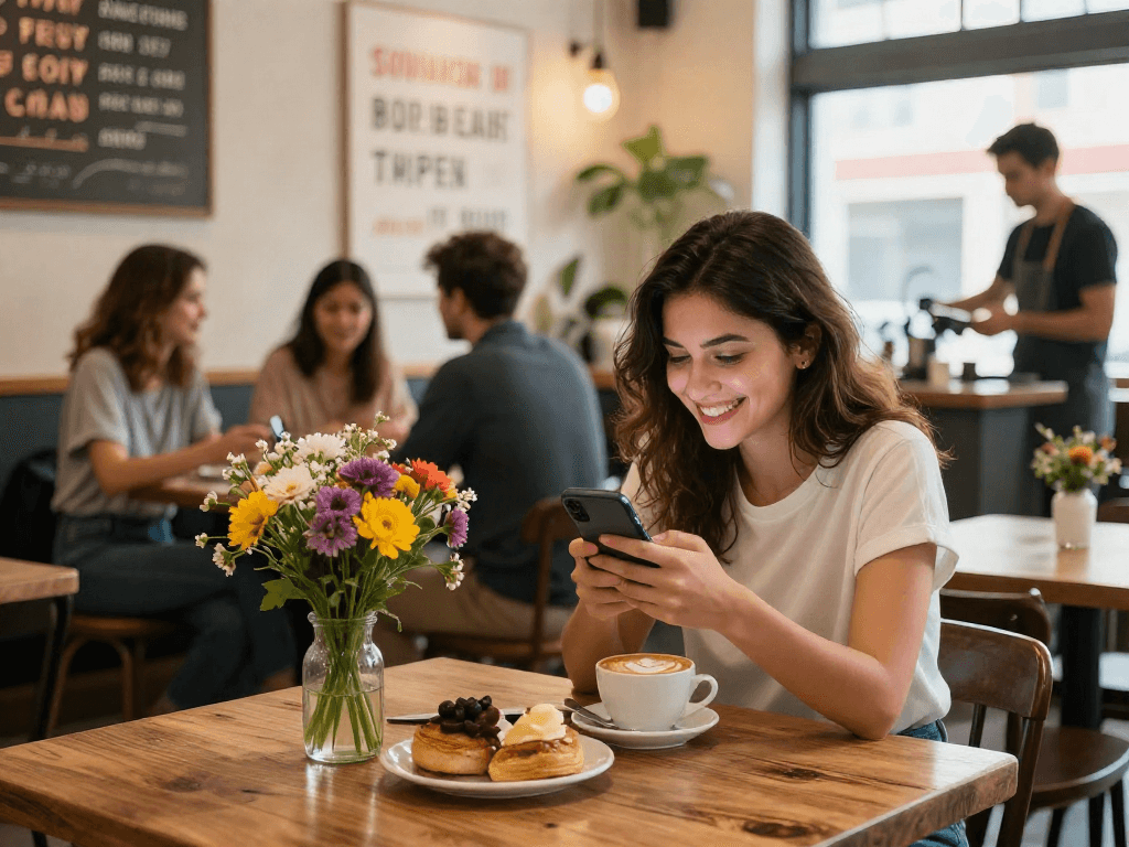 Young woman enjoying a coffee date, illustrating the thrill of a crush on someone new.