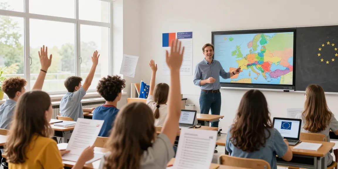 Students participating in a European Union Quiz, engaging with learning materials and teacher in a bright classroom.