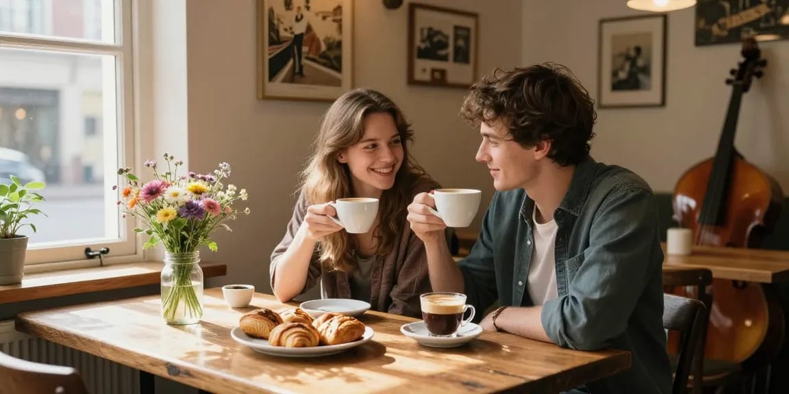 Couple experiencing a crush on each other over coffee in a cozy cafe.