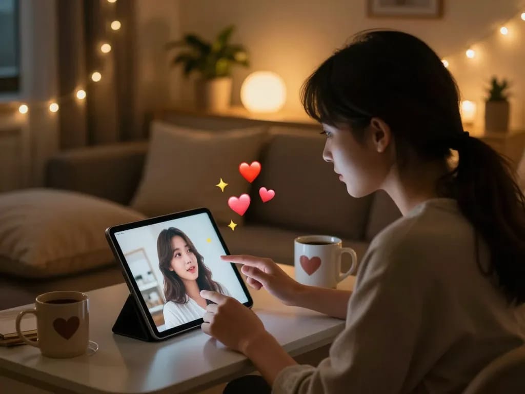 Engaging with a girlfriend AI in a cozy atmosphere, showcasing emotional connection and intimacy through technology.