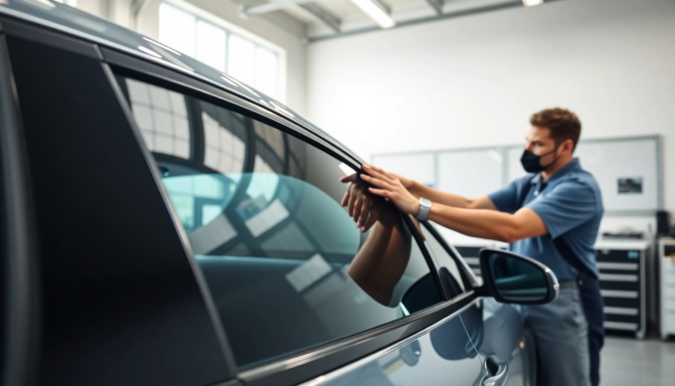 Apply auto window tint near me in a professional workshop setting, showcasing detailed film application.