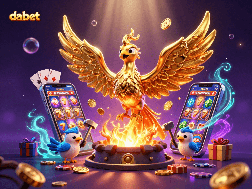 dabet invites players into a vibrant slot scene featuring a golden phoenix, spinning reels, and exciting casino elements.