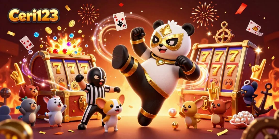Ceri123 engages players with vibrant slot games, featuring exciting visuals of a panda championing big wins.