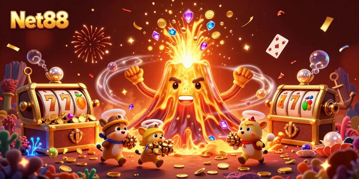 Experience the excitement of Net88 with a golden volcano erupting treasures amidst casino elements.