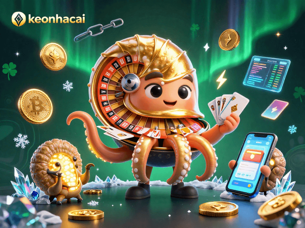 Engage with keonhacai at a vibrant 3D casino scene featuring ancient nautilus, glowing crypto coins, and dynamic gambling elements.
