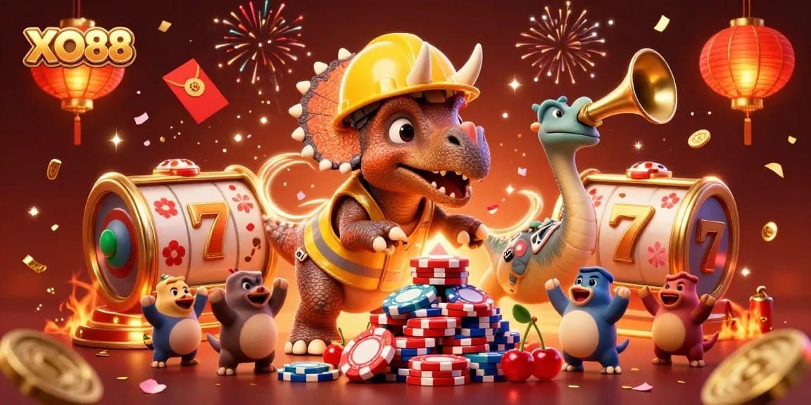 Experience the excitement of XO88 in a vibrant casino illustration with playful characters and dynamic game elements.