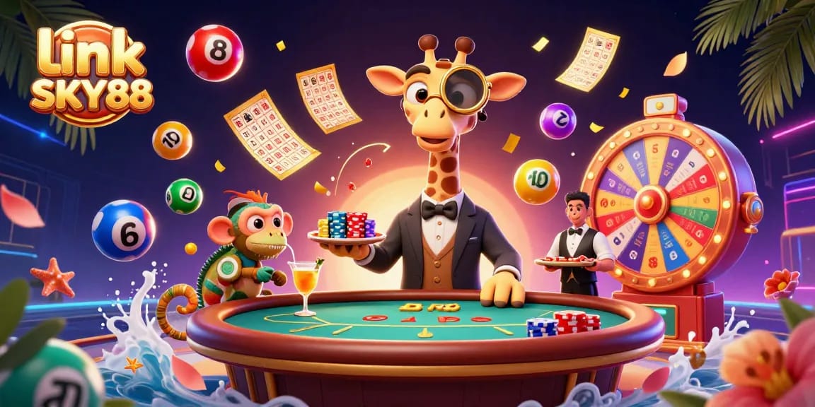 Join the excitement at link SKY88 with this vibrant casino scene featuring fun characters and dynamic elements.