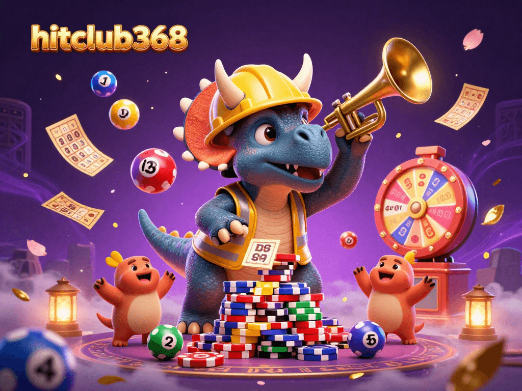 Hitclub368 showcases a vibrant 3D casino scene with a triceratops stacking poker chips amidst colorful lottery elements.