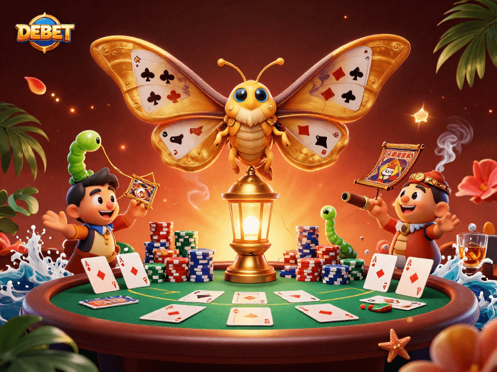 Engage with DEBET through a vibrant casino scene featuring a moth with card suit wings and lively poker elements.