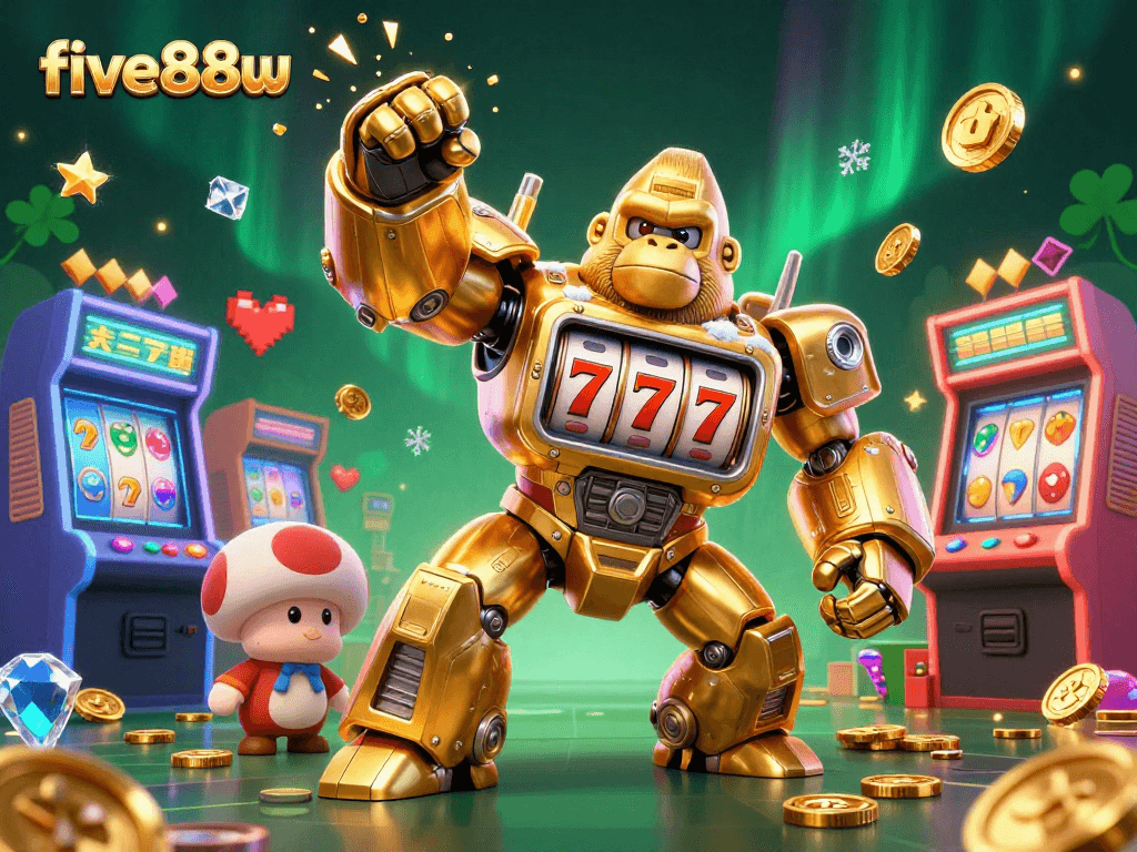 Experience the exciting five88w gaming world with a golden gorilla mech and dynamic slot elements.