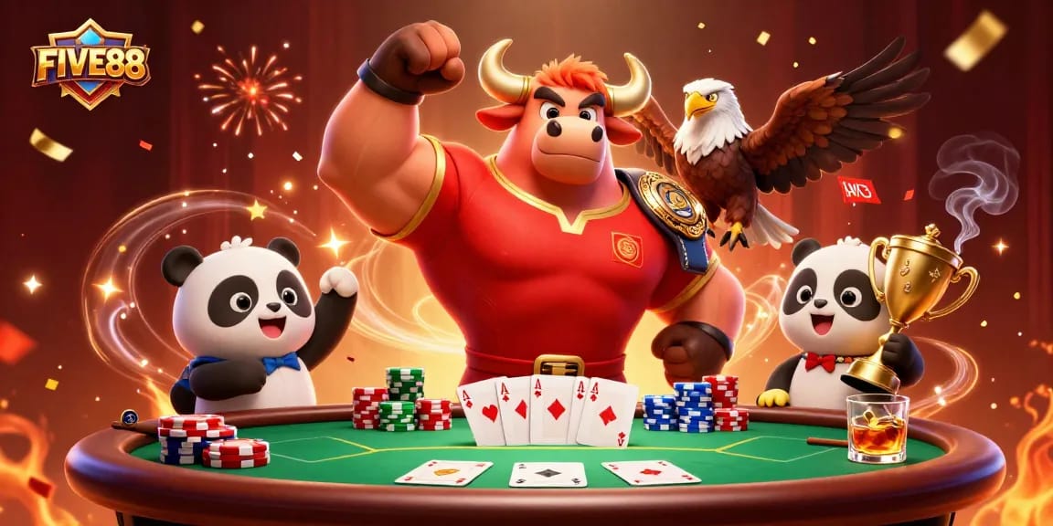 Experience the excitement of FIVE88 with a vibrant casino scene featuring key characters.