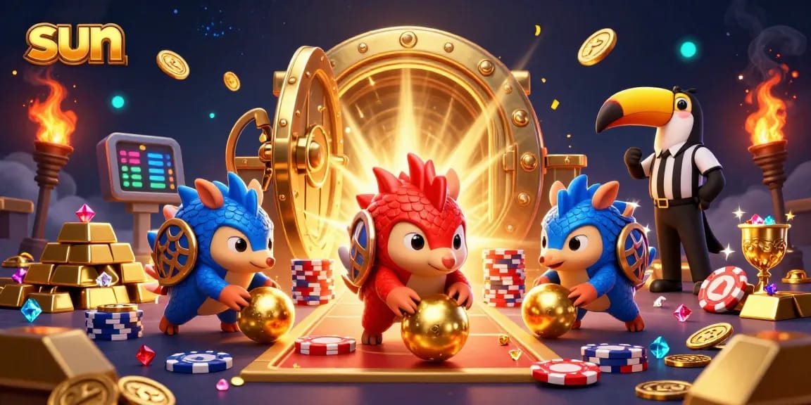 Betting with sun-inspired rival pangolins rolling through poker chips amidst magical casino treasures.