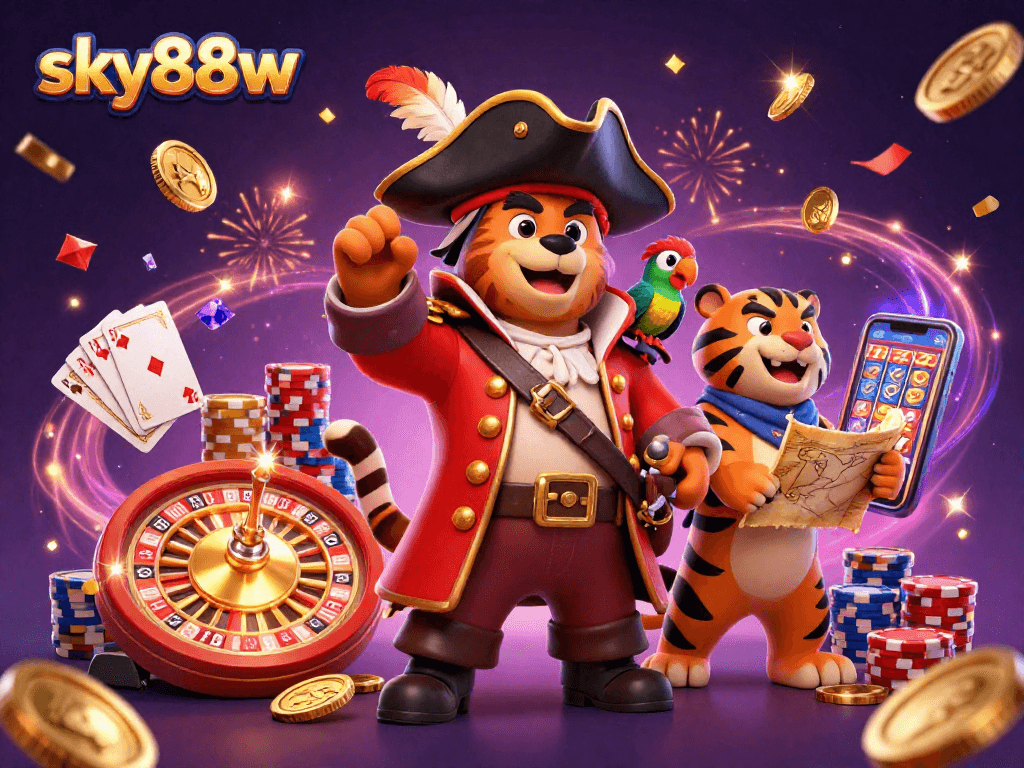 Experience thrilling gameplay at sky88w with a pirate bear and tiger amidst cascading coins and spinning roulette.