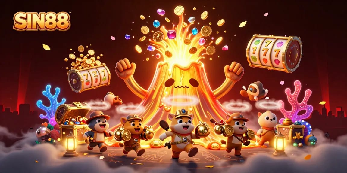 SIN88 captivates with a thrilling scene featuring a triumphant volcano and fleeing treasure explorers.