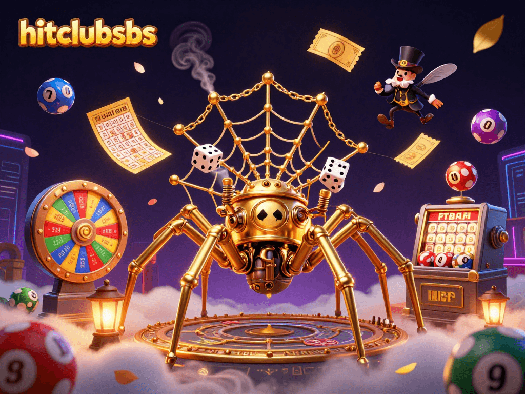 Win big with hitclubsbs as a steampunk spider spins a web of luck in this vibrant casino illustration.