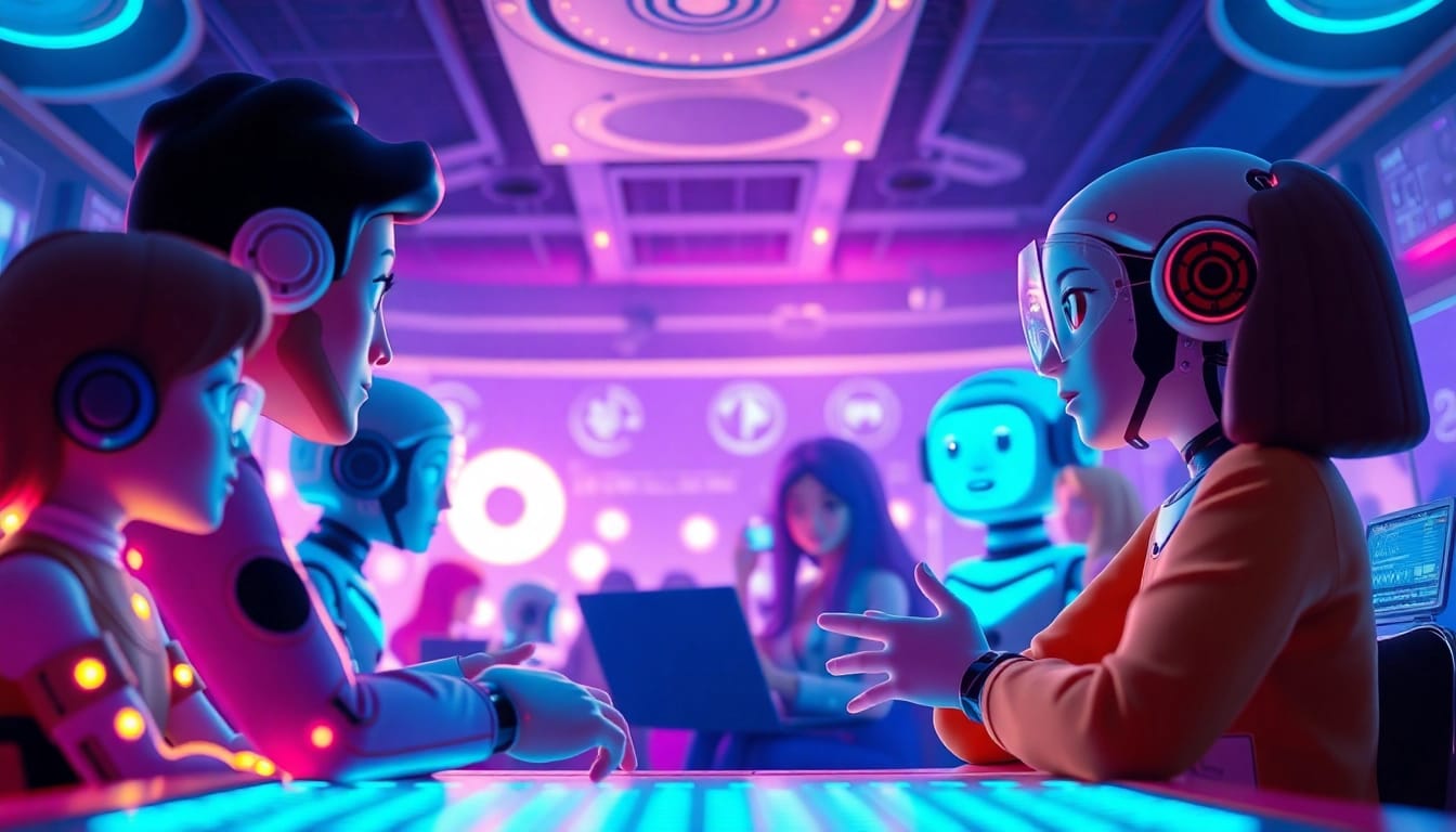 Engaging AI chat experience scene with CrushonAI characters in a vibrant, futuristic setting.