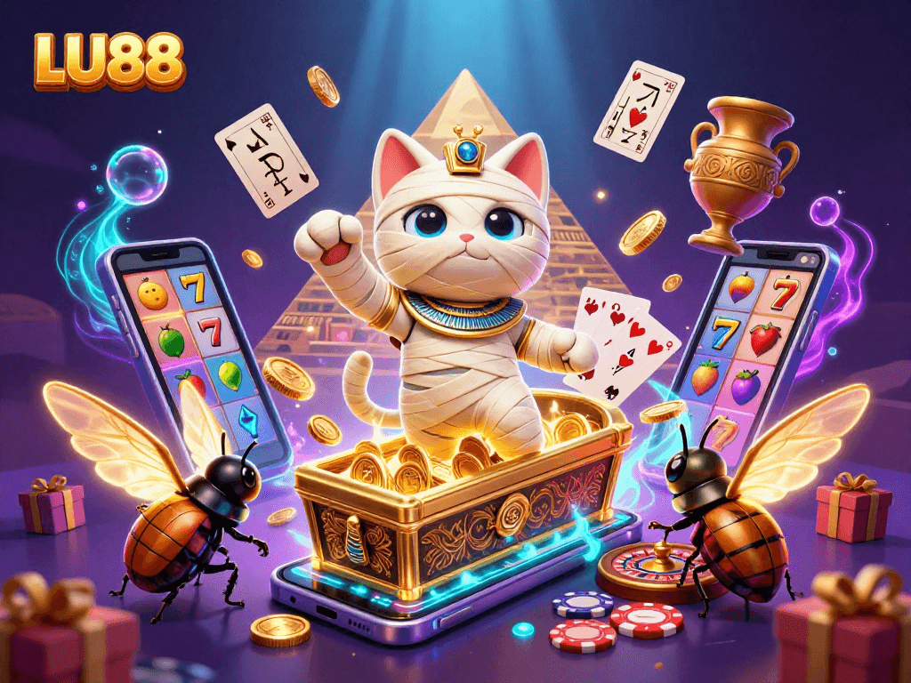 LU88 brings vibrant energy with Egyptian-themed casino characters and slot elements.