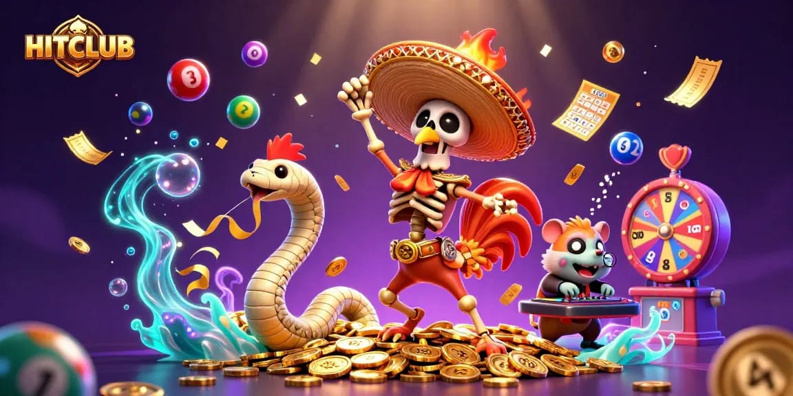 HITCLUB celebrates with a vibrant 3D casino scene featuring a joyous mariachi rooster, mummy snake, and hamster DJ.