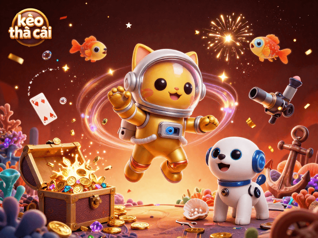 Engage with kèo nhà cái through a colorful underwater gambling adventure featuring a space cat and robot dog.