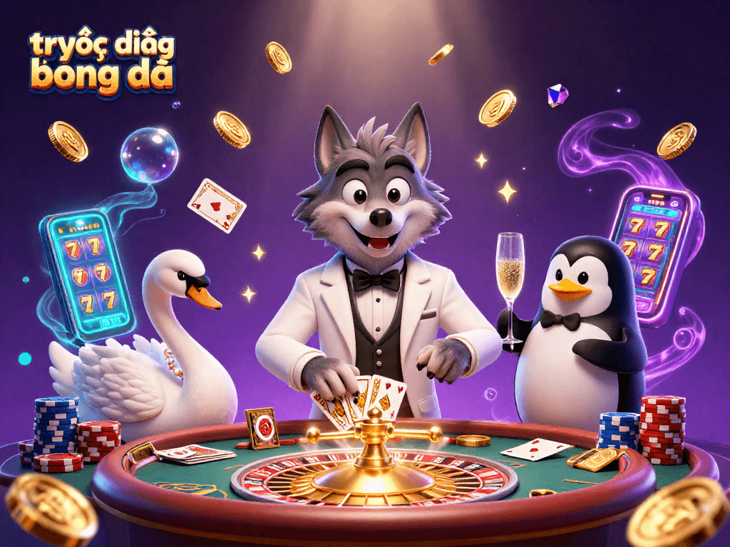 Experience trực tiếp bóng đá with a stunning 3D illustration of lively characters at a baccarat table.