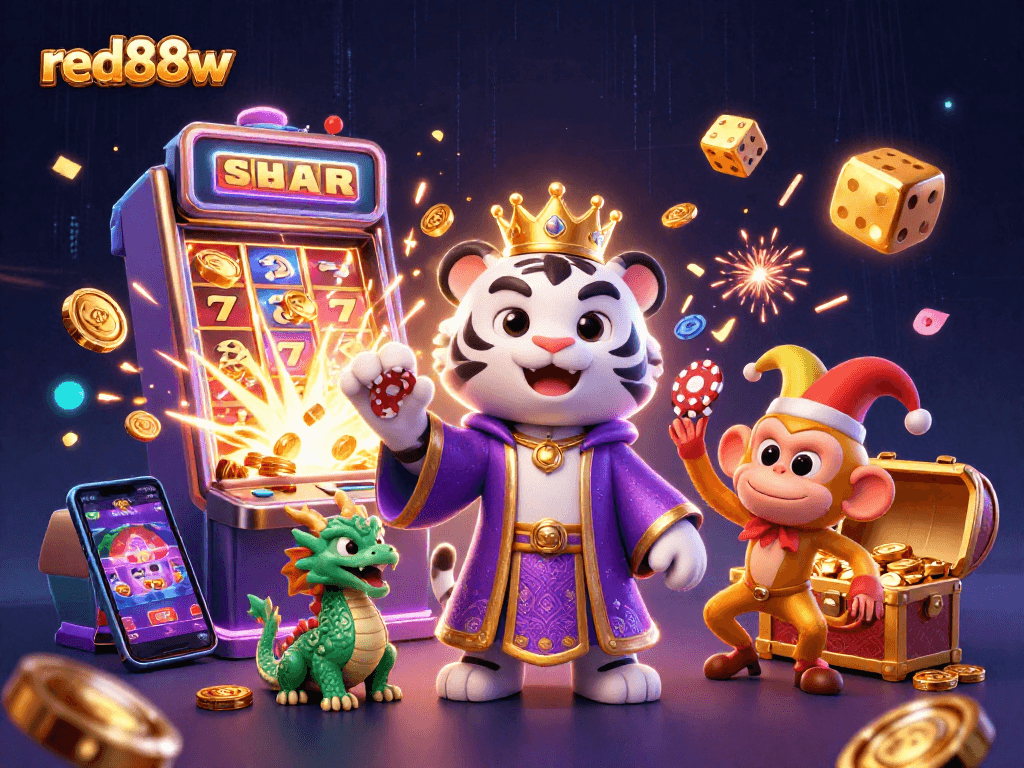 Experience thrilling casino excitement with red88w featuring a majestic tiger, playful monkey, and dynamic gaming elements.