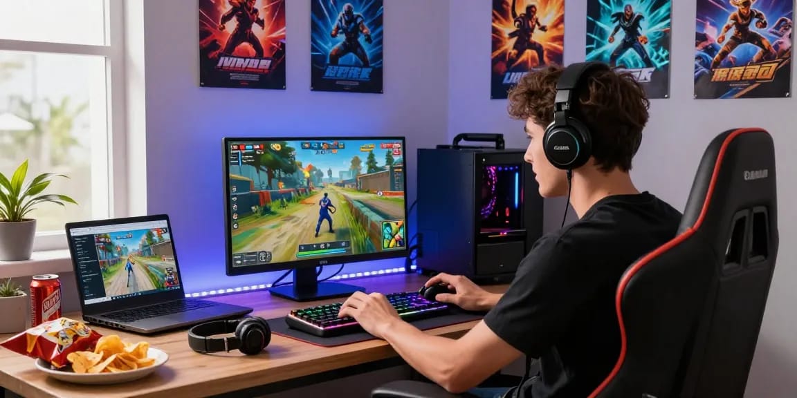 Exciting gaming environment with rokok88 mobile gamer focused on gameplay, vibrant accessories, and engaging atmosphere.