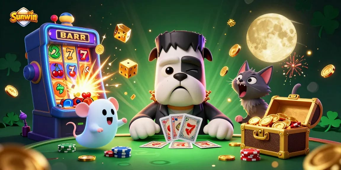 sunwin showcases a Frankenstein bulldog monster dealing cards at a vibrant casino table