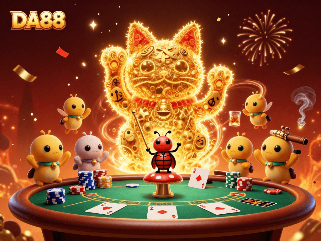 Play with DA88's vibrant golden lucky cat and poker symbols in this lively illustration.