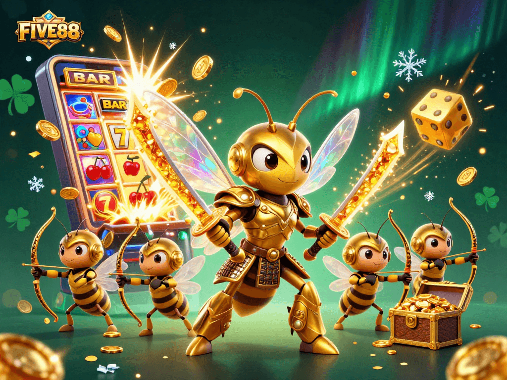 Experience the excitement of FIVE88 with a vibrant 3D cartoon casino scene featuring jackpots and colorful game elements.