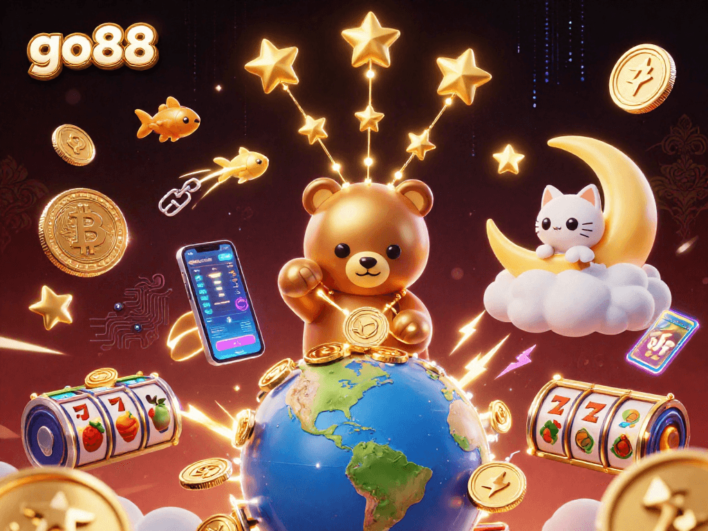 Experience exciting wins at go88 with a celestial-themed casino illustration, featuring vibrant 3D elements.