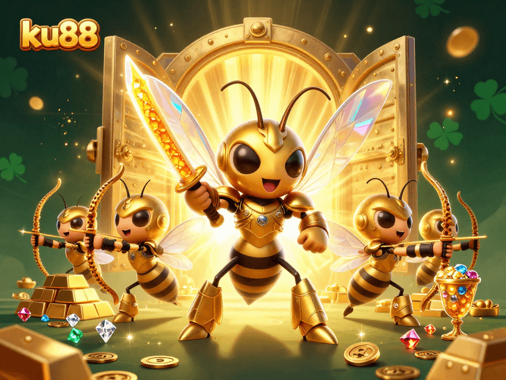 ku88 showcases a dynamic online casino scene with a golden hornet samurai and treasure vault.