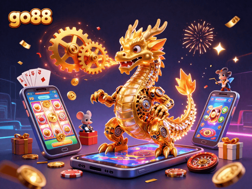 Experience thrilling gameplay at go88 with a 3D biomechanical dragon and vibrant casino elements.
