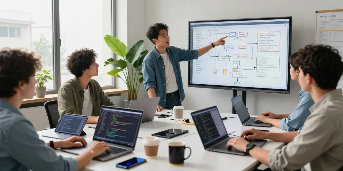 Dynamic collaboration in modern office showcasing WPS Official Website use with laptops, digital whiteboard, and teamwork.