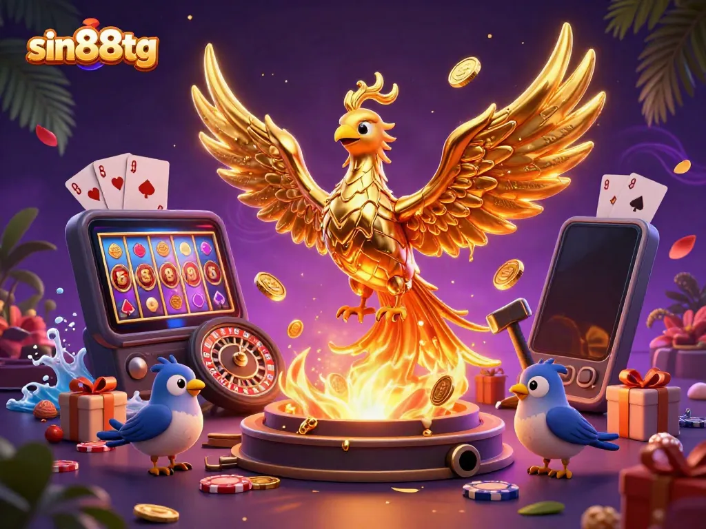 Experience thrilling slots and gold rewards with sin88tg in this vibrant 3D casino scene.