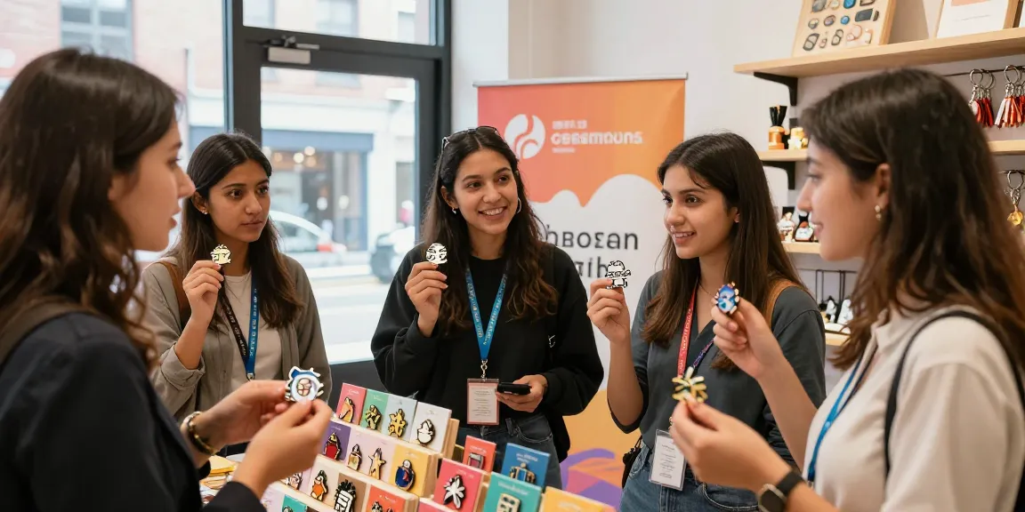 Creative young adults engaging with custom enamel pins in a vibrant boutique setting.