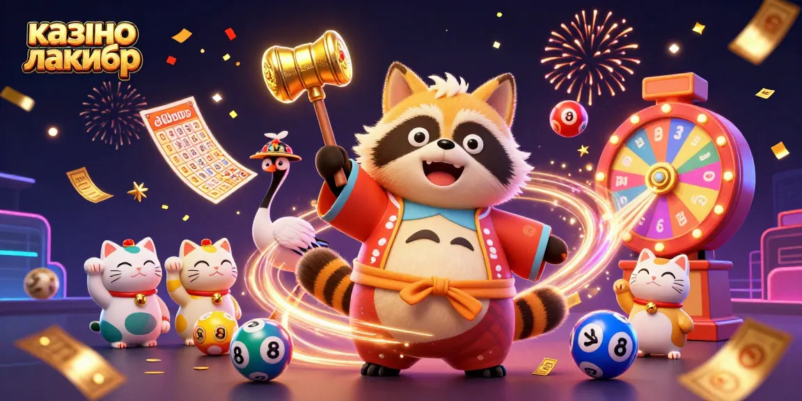 Experience exciting wins at казино лакибир with vibrant characters and dynamic game elements in this festive illustration.
