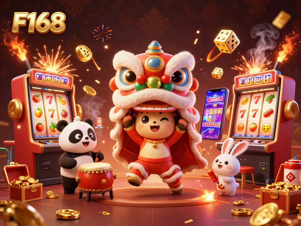 F168 showcases festive lion dance amidst a vibrant casino with dynamic slot machines and gold treasures.