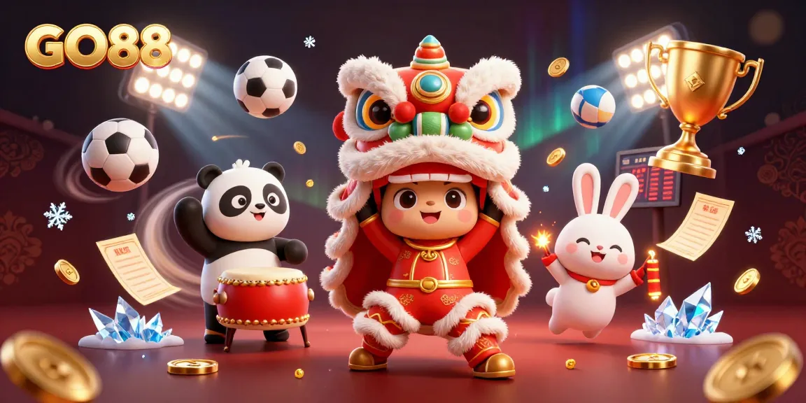 GO88 showcases a vibrant illustration of casino fun with a lion dance, panda, and dynamic sports elements.