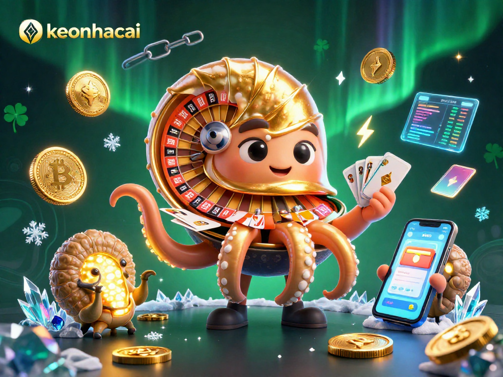 Engage with keonhacai at a vibrant 3D casino scene featuring ancient nautilus, glowing crypto coins, and dynamic gambling elements.