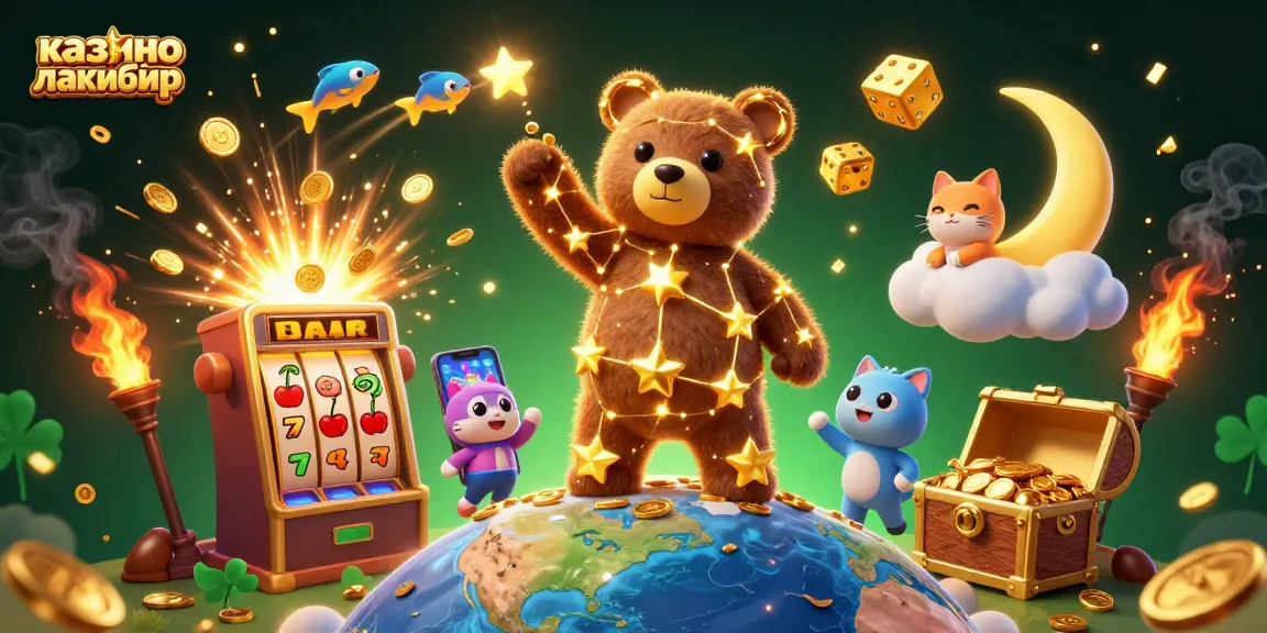 Experience the thrill of казино лакибир with gold coins showering from a jackpot slot machine and a mystical bear.