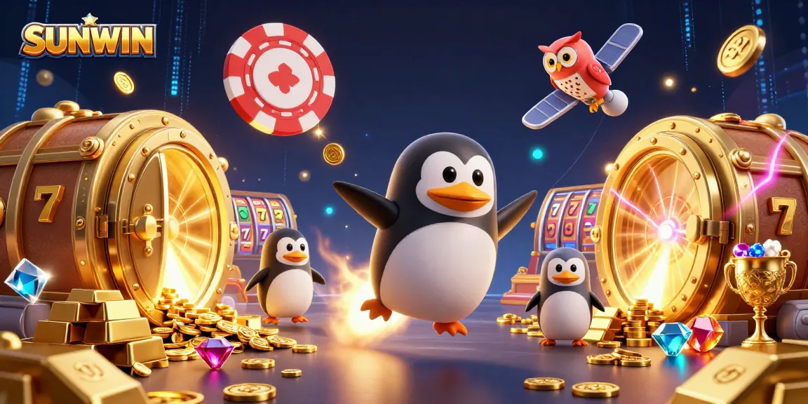 SUNWIN leads the gaming adventure with a rocket-powered penguin soaring to jackpot treasures, showcasing vibrant casino excitement.
