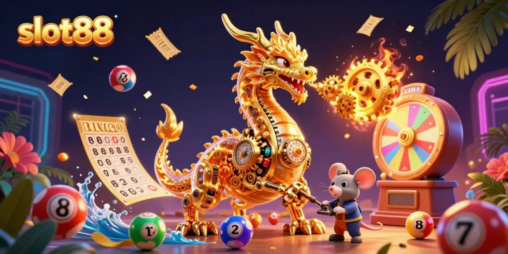 Experience thrilling gameplay with slot88, featuring an interactive dragon and vibrant casino elements.