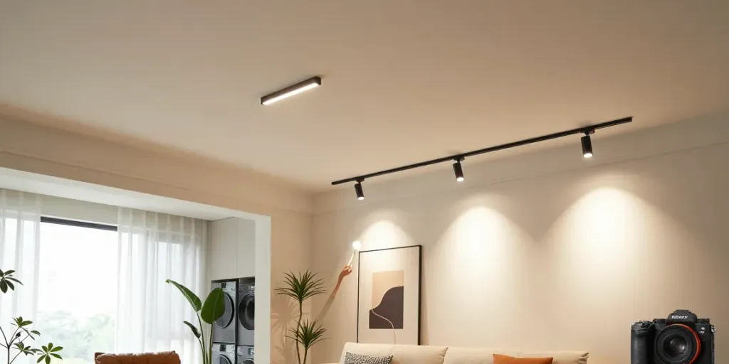 Iluminare modernă și elegantă cu sina magnetică în interiorul unei camere.