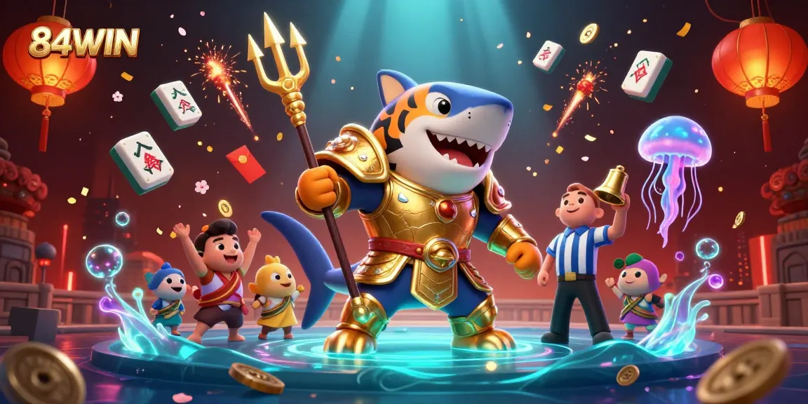 Experience thrilling gaming adventures with 84WIN in a vibrant 3D scene featuring exciting casino elements.