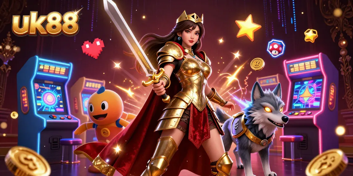 Experience the excitement of uk88's casino games with a warrior queen and her glowing wolf companion.