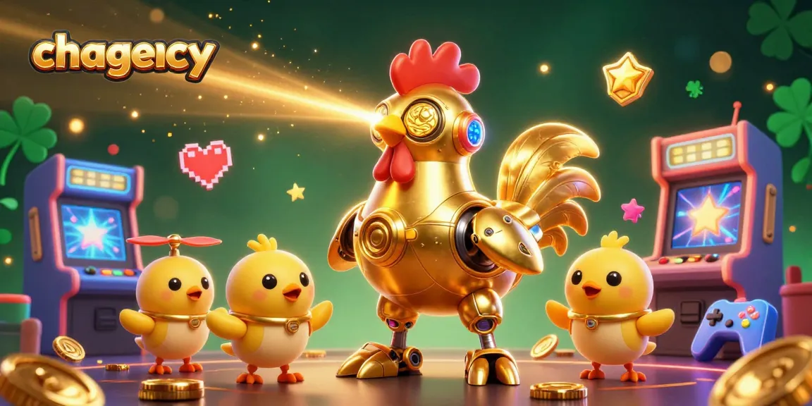 chagency features a golden rooster robot surrounded by vibrant casino game elements, illuminating excitement.