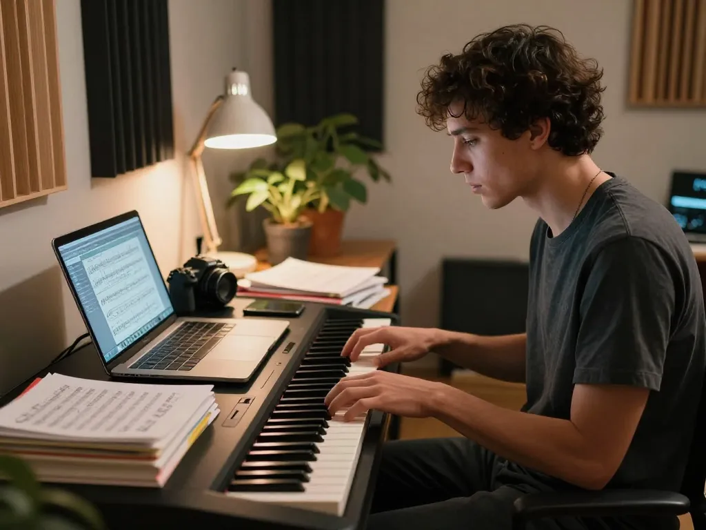 Passionate musician composing at digital piano go 88 in warm, inviting home studio.
