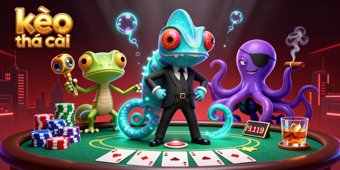 Bettors analyze kèo nhà cái odds with animated chameleon and gecko in a rich casino scene.