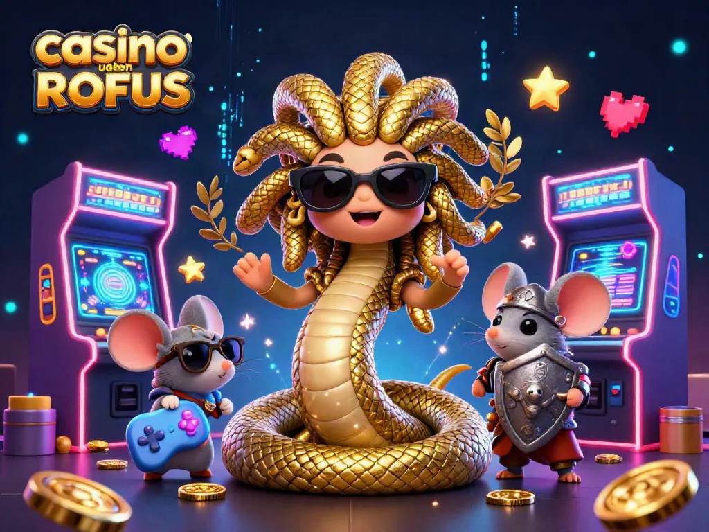 Play games and win big at casino uden ROFUS with friendly Medusa and warrior mouse in this vibrant scene.